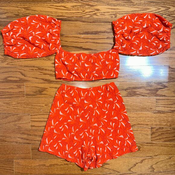 Nightcap Clothing Palm Lace Bandeau Top & High Waisted Short Red Orange Set S XS - Picture 9 of 16